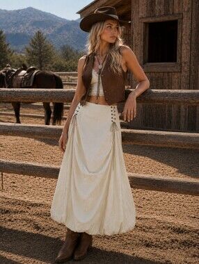 New Vintage Anne Larochelle Cream Lace-Up Maxi Skirt